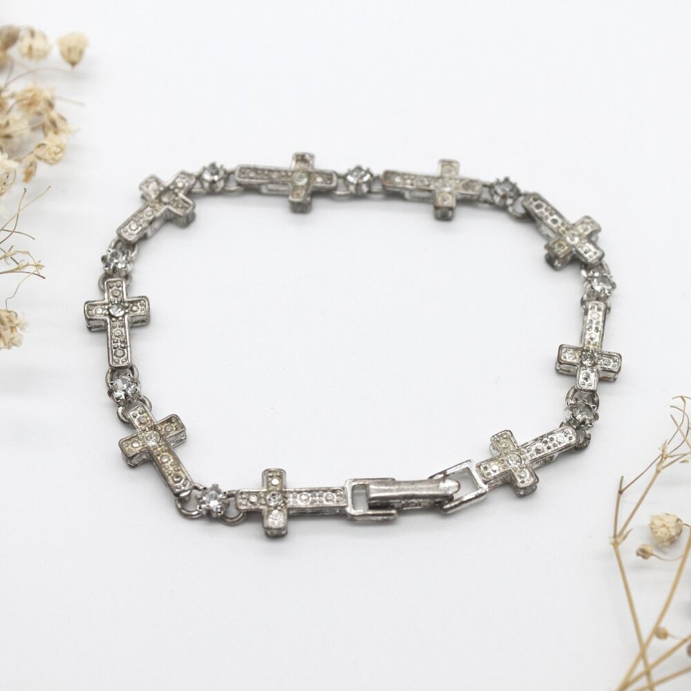 Vintage Avon silver tone cross bracelet with rhinestones